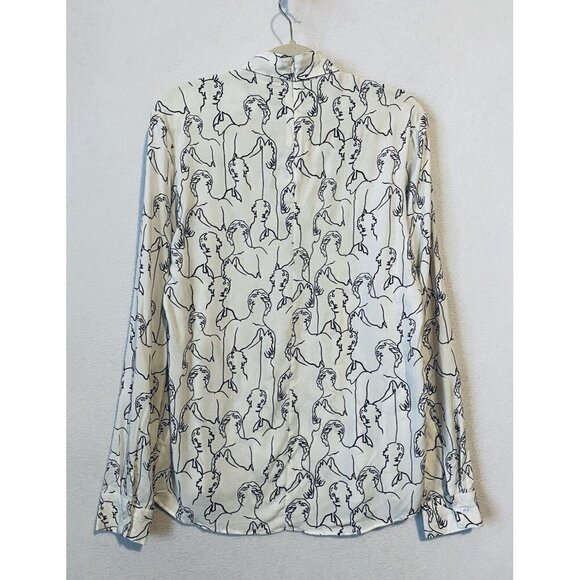 Asos Top Womens Small White Black Abstract Face Print Tie Neck Artsy Boho - Picture 4 of 7